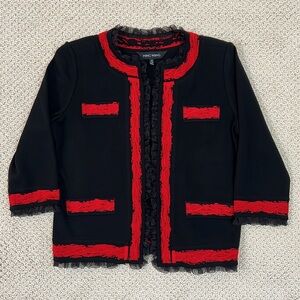 Ming Wang Black and Red Open Front Cardigan Evening Blazer Jacket Ruffle Tulle S